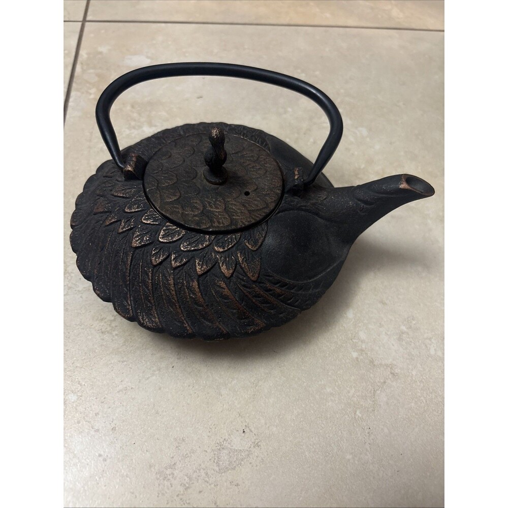 Cast Iron Teapot Pelican on Lid Embossed Feathers Motif Enamel Porcelain Inside